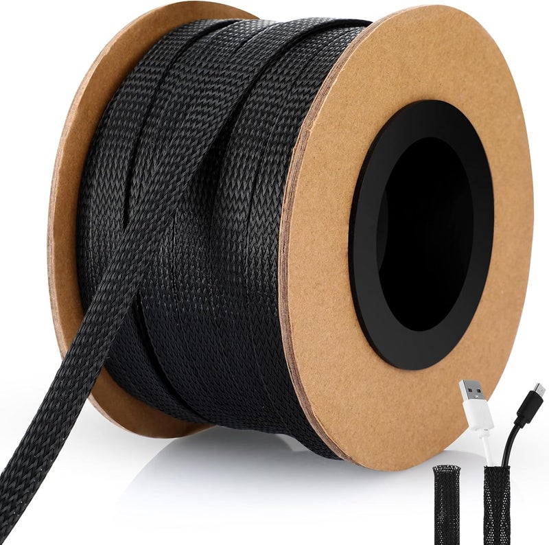 Pangda 300 Feet 1/4 Inch Wire Loom PET Expandable Braided Sleeving Braided Sleeve for TV, Computer, Home Theater (Black) - Image 1
